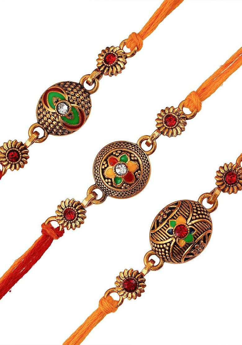 Pack Of 3 Multicoloured Rakhi With Roli Chawal Set - Indya