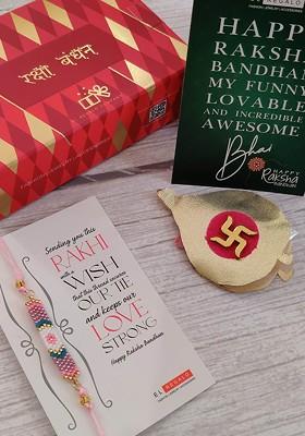 Multicoloured Beaded Rakhi With Roli Chawal And Greeting Card