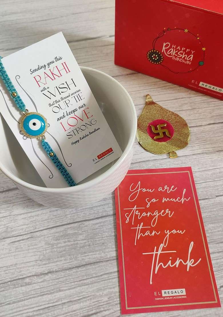 Evil Eye Rakhi Combo For Bhaiya With Roli Chawal Shagun And Greeting Card - Indya
