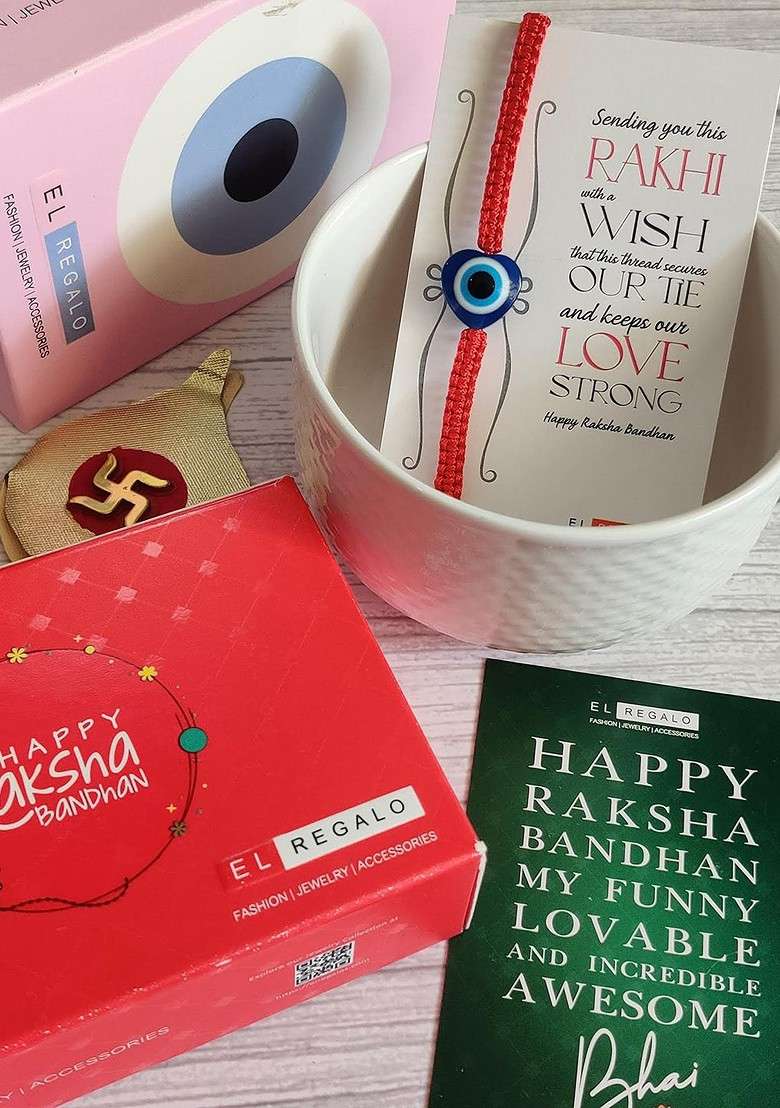 Evil Eye Rakhi Combo For Bhai With Roli Chawal Shagun And Greeting Card - Indya