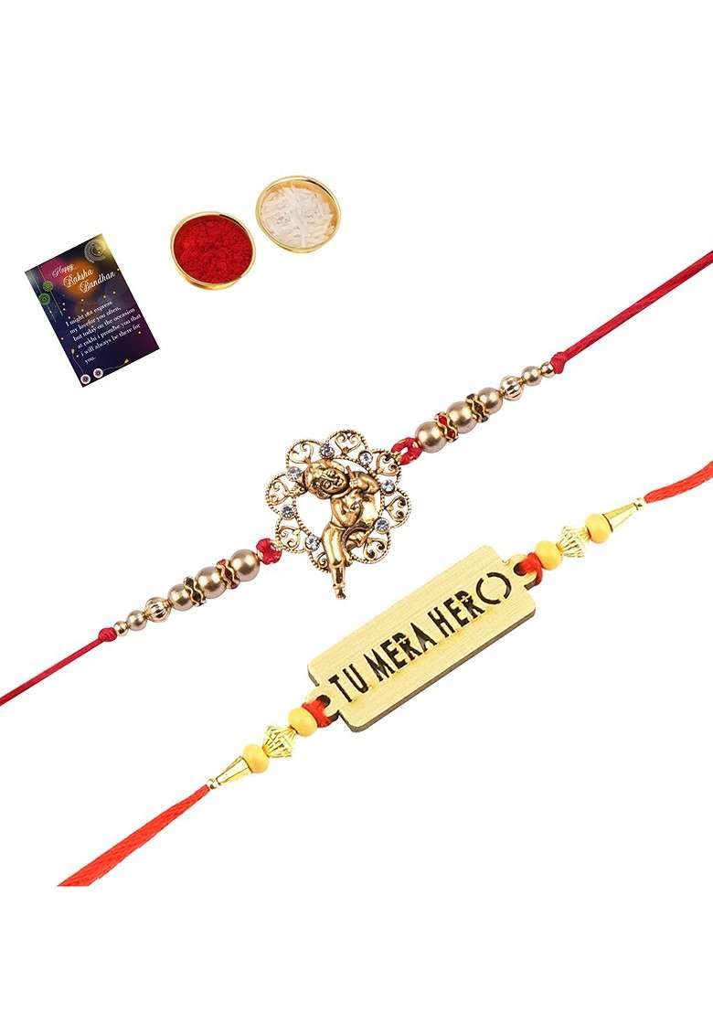 Set Of 2 Red And Gold Toned Stone Studded Rakhi Gift Set - Indya