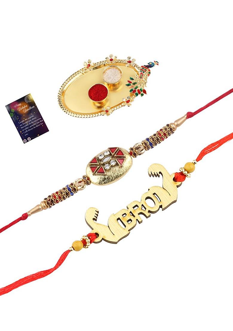 Set Of 2 Red And Gold Toned Stone Studded Rakhi Gift Set