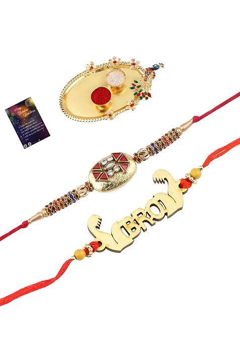 Set Of 2 Red And Gold Toned Stone Studded Rakhi Gift Set