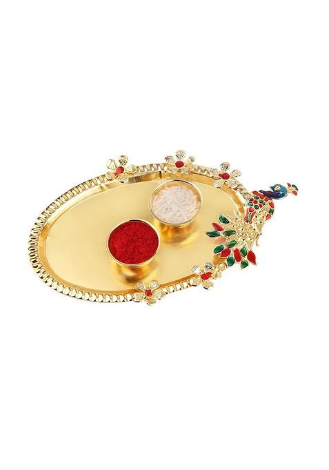 Set Of 2 Red And Gold Toned Stone Studded Rakhi Gift Set