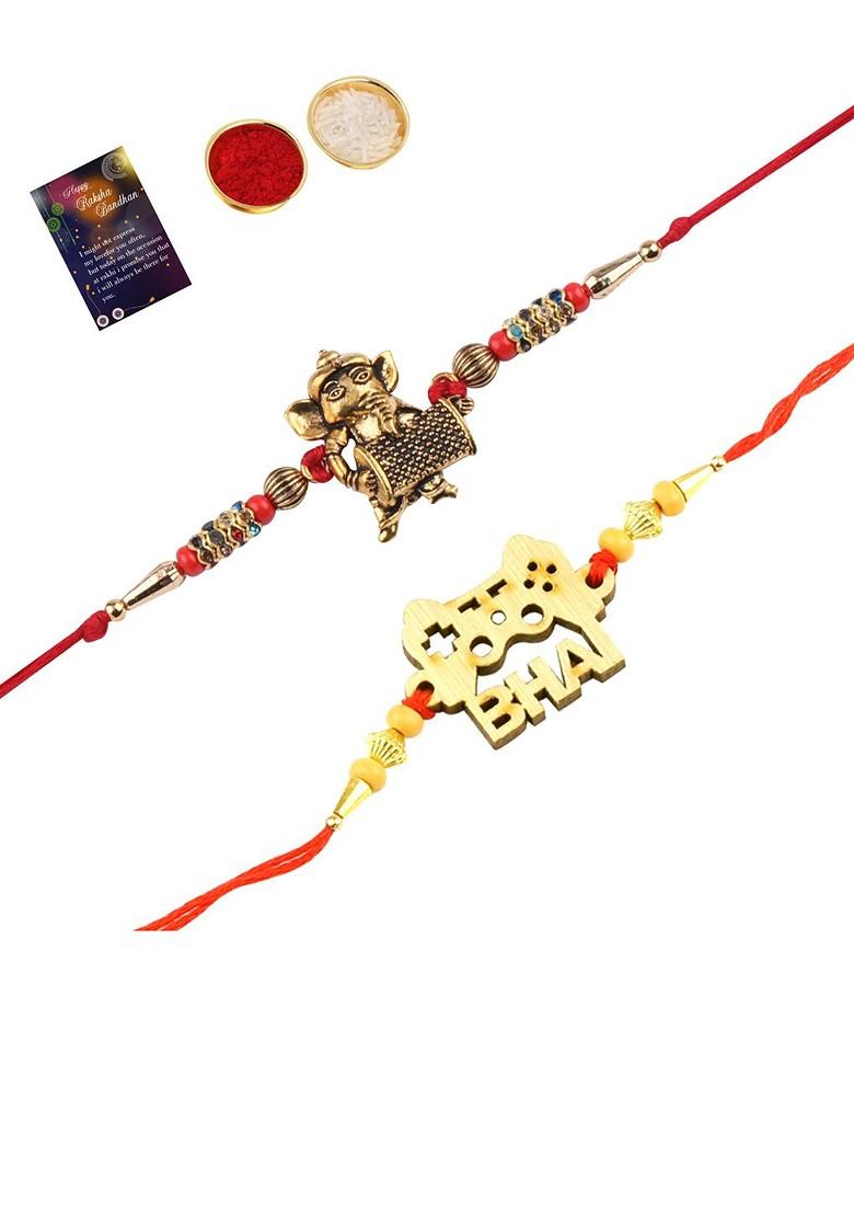 Pack Of 5 Multicoloured Rakhi With Roli Chawal Set - Indya