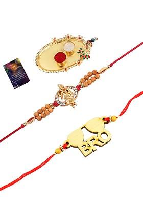 Set Of 2 Red And Gold Toned Stone Studded Rakhi Gift Set