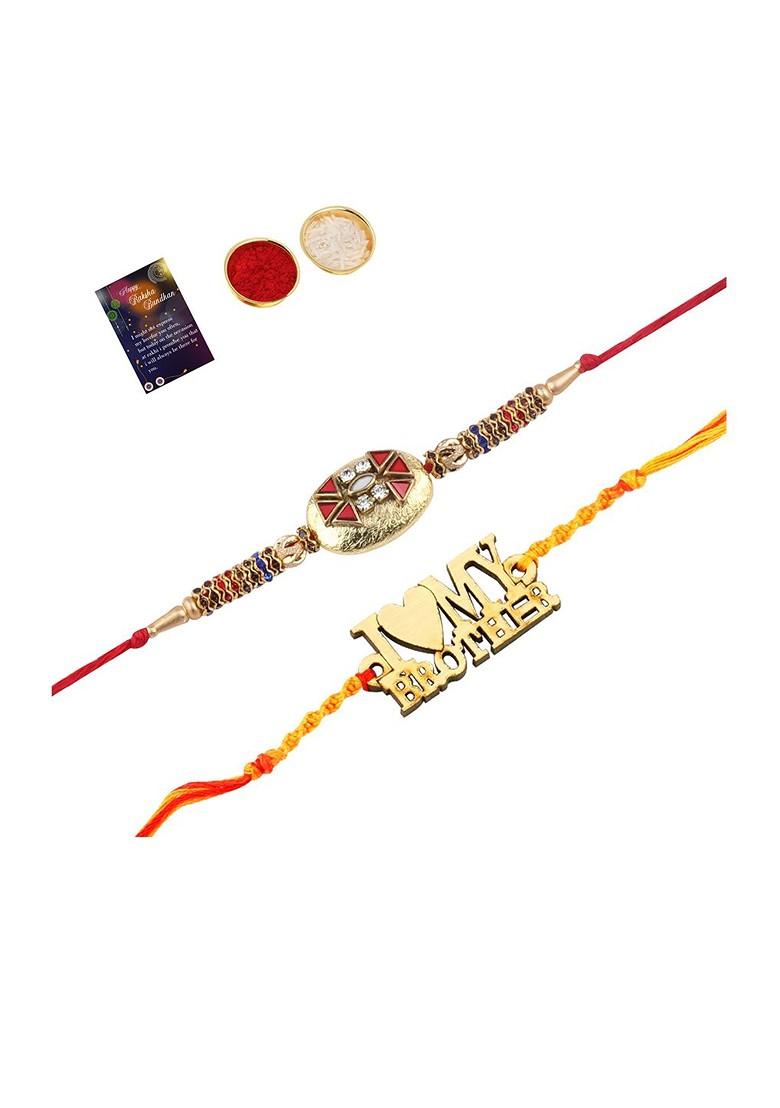 Gold Toned 2 Rakhi With Roli Chawal Greeting Card - Indya