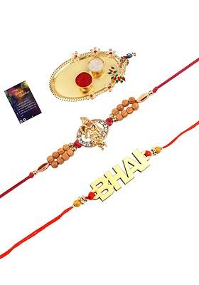 Red Set Of 2 Rakhi Combo With Roli Chawal And Greeting Card