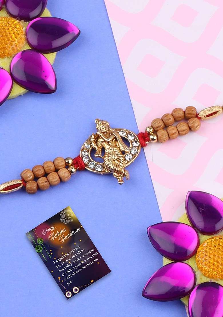 Red And Gold Toned 2 Rakhi With Roli Chawal And Greeting Card - Indya