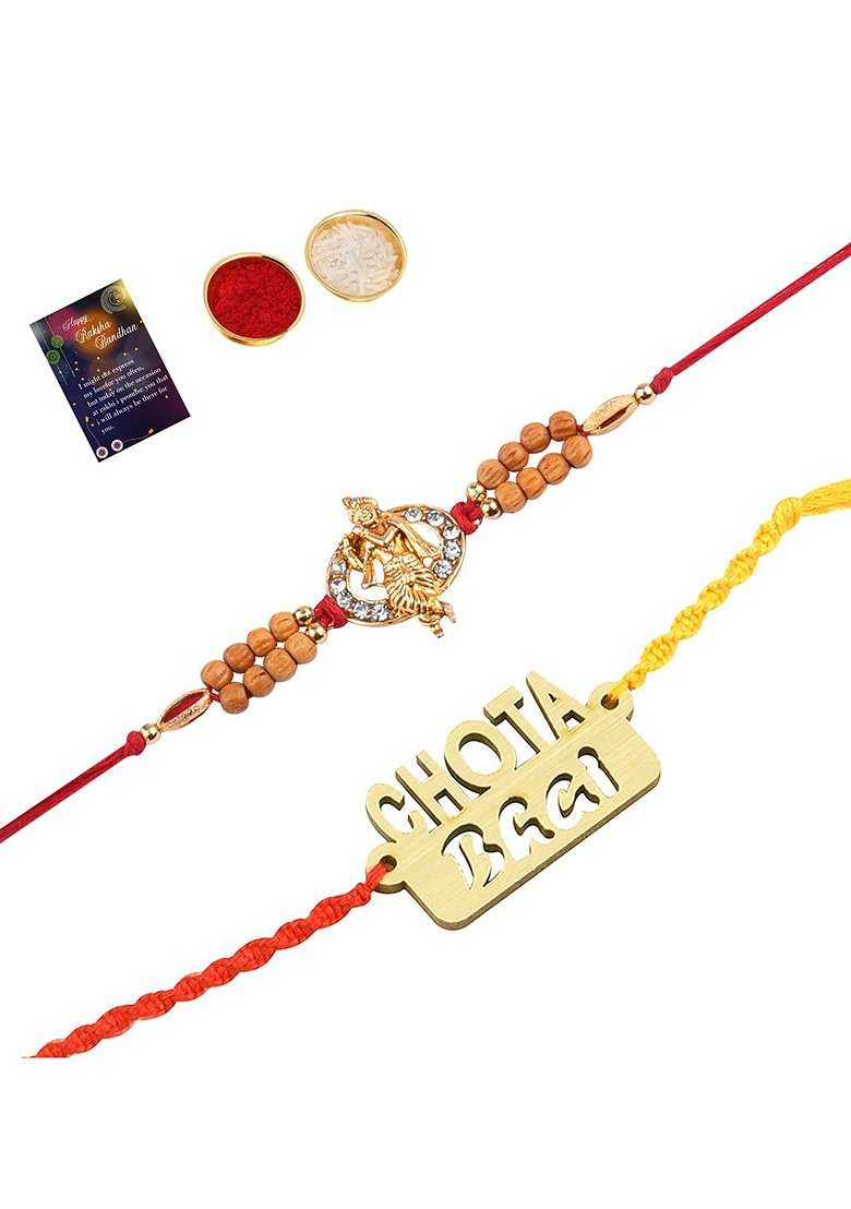 Red And Gold Toned 2 Rakhi With Roli Chawal And Greeting Card - Indya