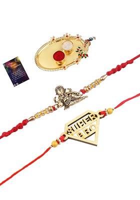 Set Of 2 Red And Gold Toned Stone Studded Rakhi Gift Set