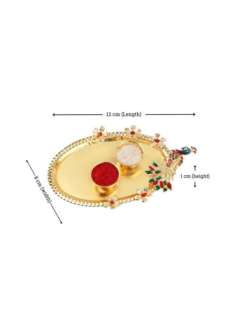 Red And Gold Toned 2 Rakhi With Pooja Thali Roli Chawal And Greeting Card