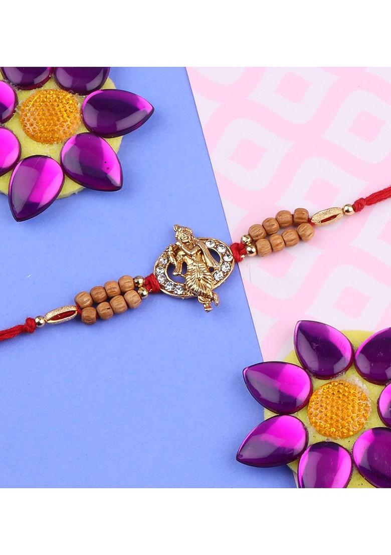 Red And Gold Toned 2 Rakhi With Pooja Thali Roli Chawal And Greeting Card