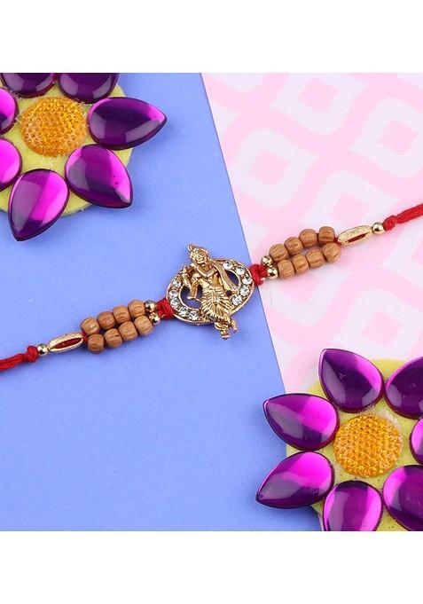 Red And Gold Toned 2 Rakhi With Pooja Thali Roli Chawal And Greeting Card