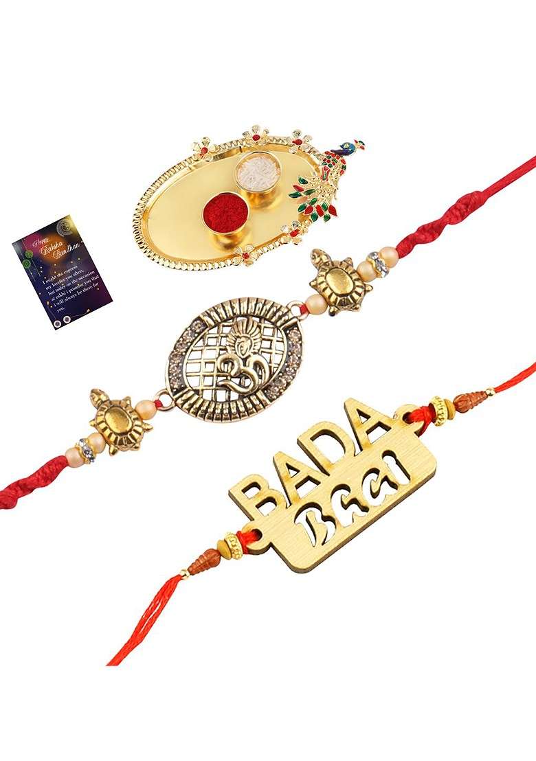 Pack Of 5 Multicoloured Rakhi With Roli Chawal Set - Indya