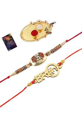 Red And Gold Toned 2 Rakhi With Pooja Thali Roli Chawal And Greeting Card