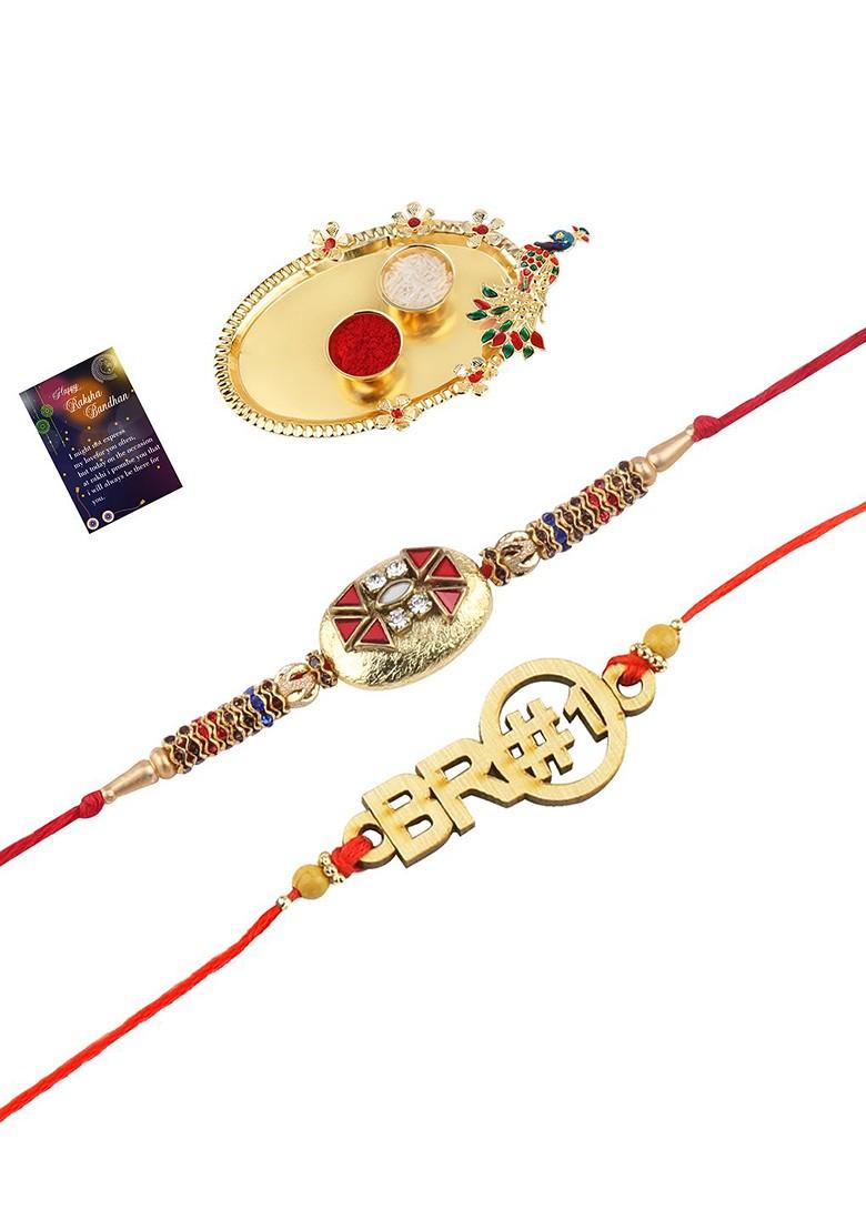 Red And Gold Toned 2 Rakhi With Pooja Thali Roli Chawal And Greeting Card