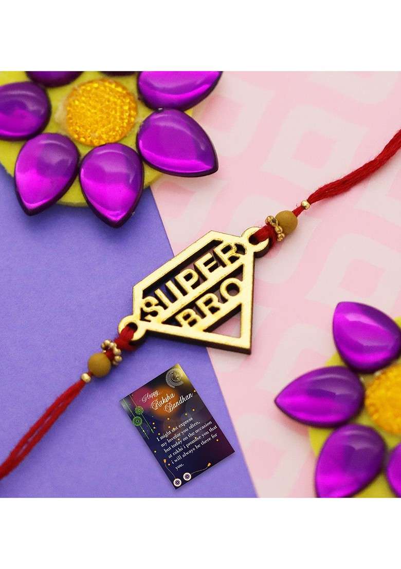 Gold Toned 2 Rakhi With Roli Chawal Greeting Card - Indya