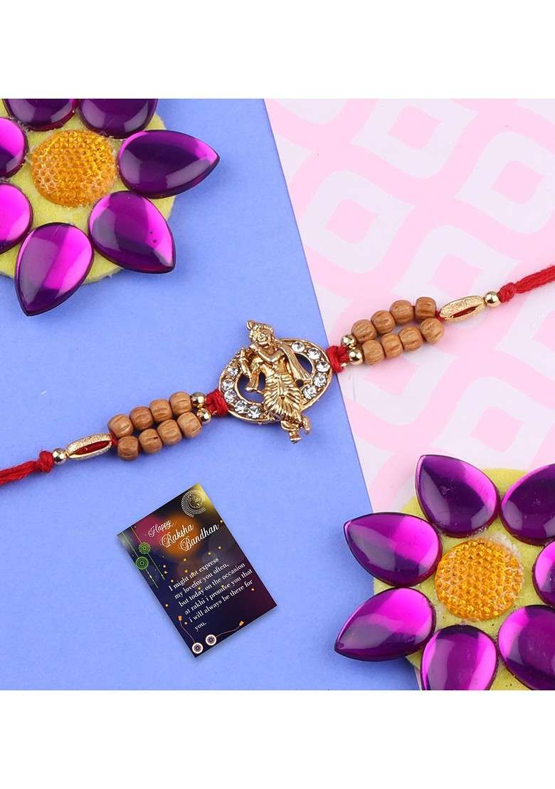 Gold Toned 2 Rakhi With Roli Chawal Greeting Card - Indya