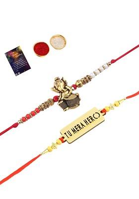 Set Of 2 Red And Gold Toned Stone Studded Rakhi Gift Set