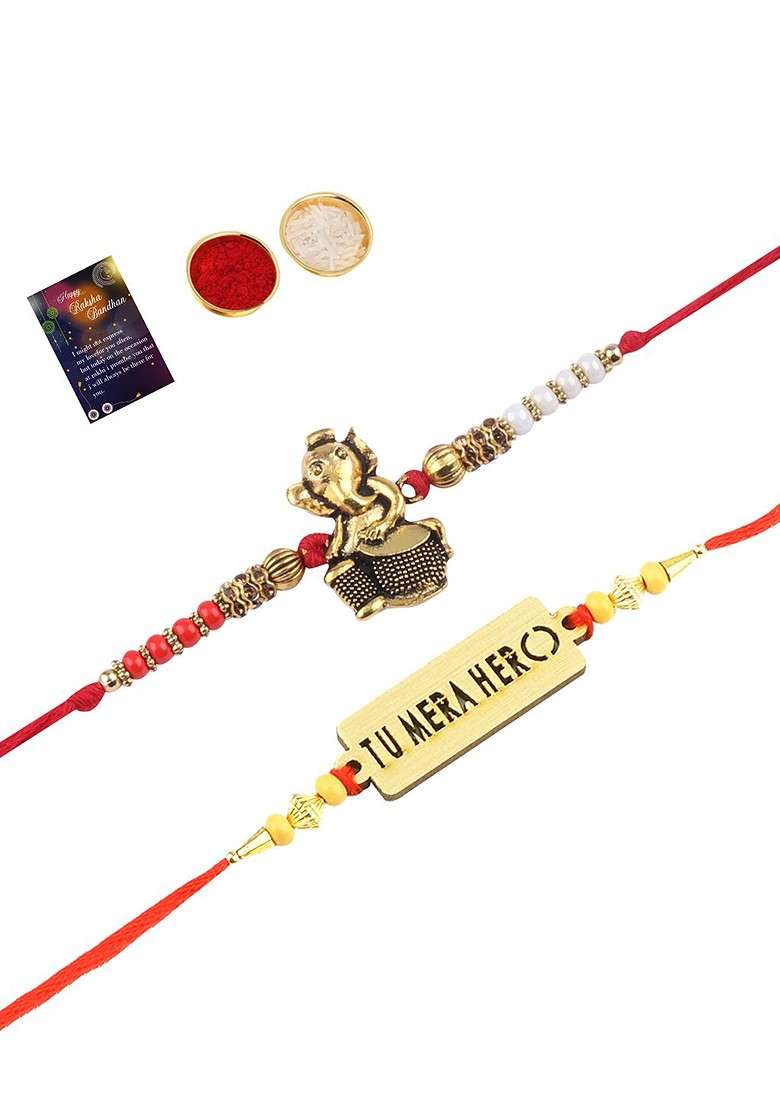 Set Of 2 Red And Gold Toned Stone Studded Rakhi Gift Set - Indya