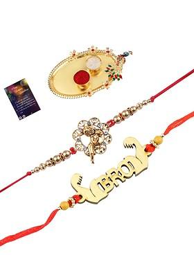 Set Of 2 Red And Gold Toned Stone Studded Rakhi Gift Set
