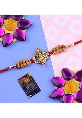Set Of 2 Red And Gold Toned Stone Studded Rakhi Gift Set