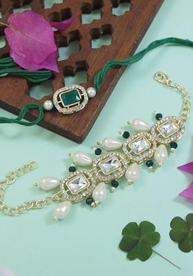 Kundan Studded Pearl Bhaiya Bhabhi Lumba Bracelet Rakhis With Roli Chawal