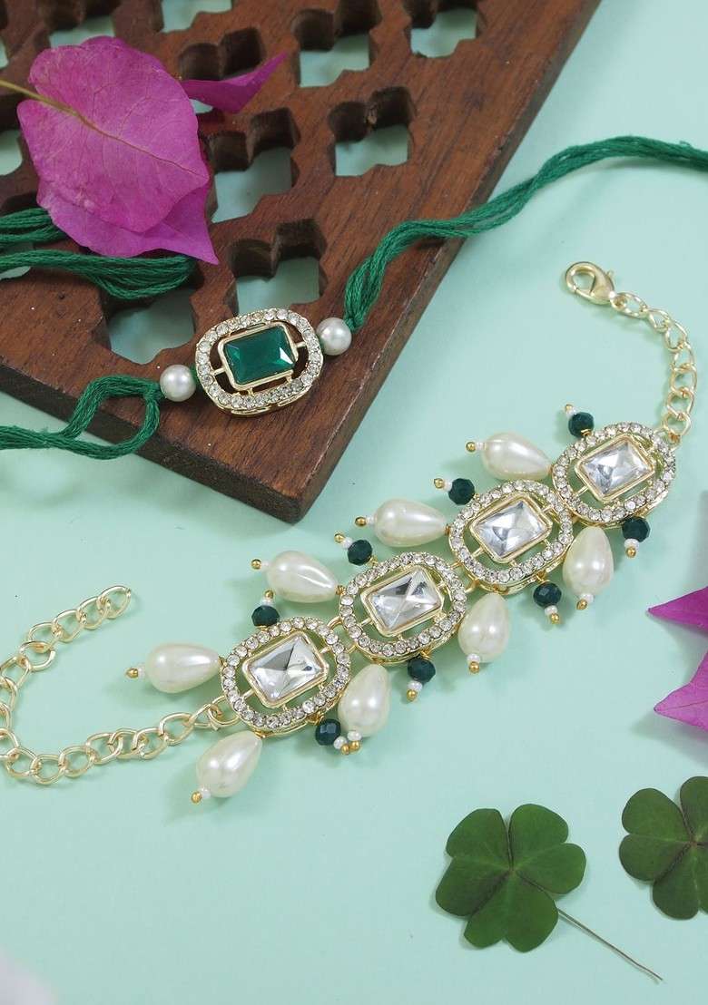 Kundan Studded Pearl Bhaiya Bhabhi Lumba Bracelet Rakhis With Roli Chawal - Indya