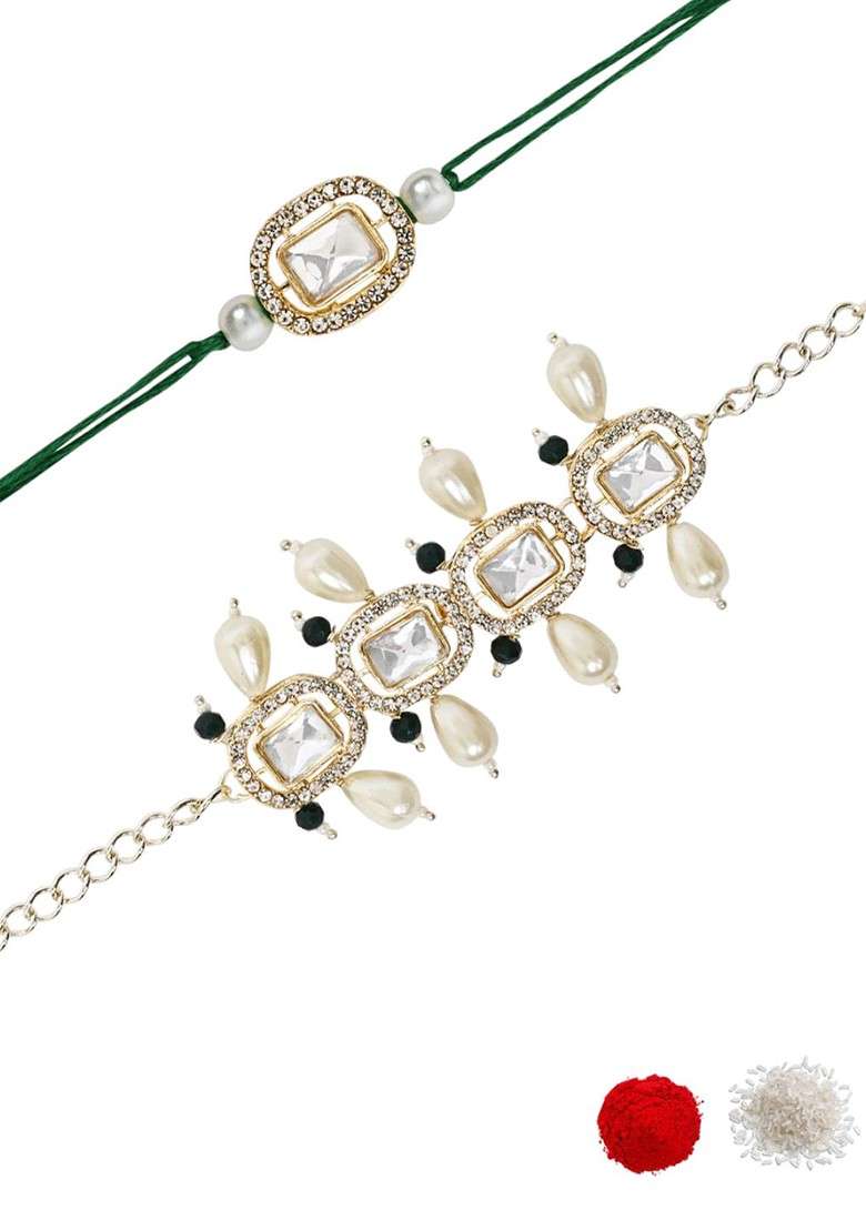 Kundan Studded Pearl Bhaiya Bhabhi Lumba Bracelet Rakhis With Roli Chawal - Indya