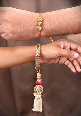 Beaded Gold Plated Bhaiya Bhabhi Rakhis With Roli Chawal