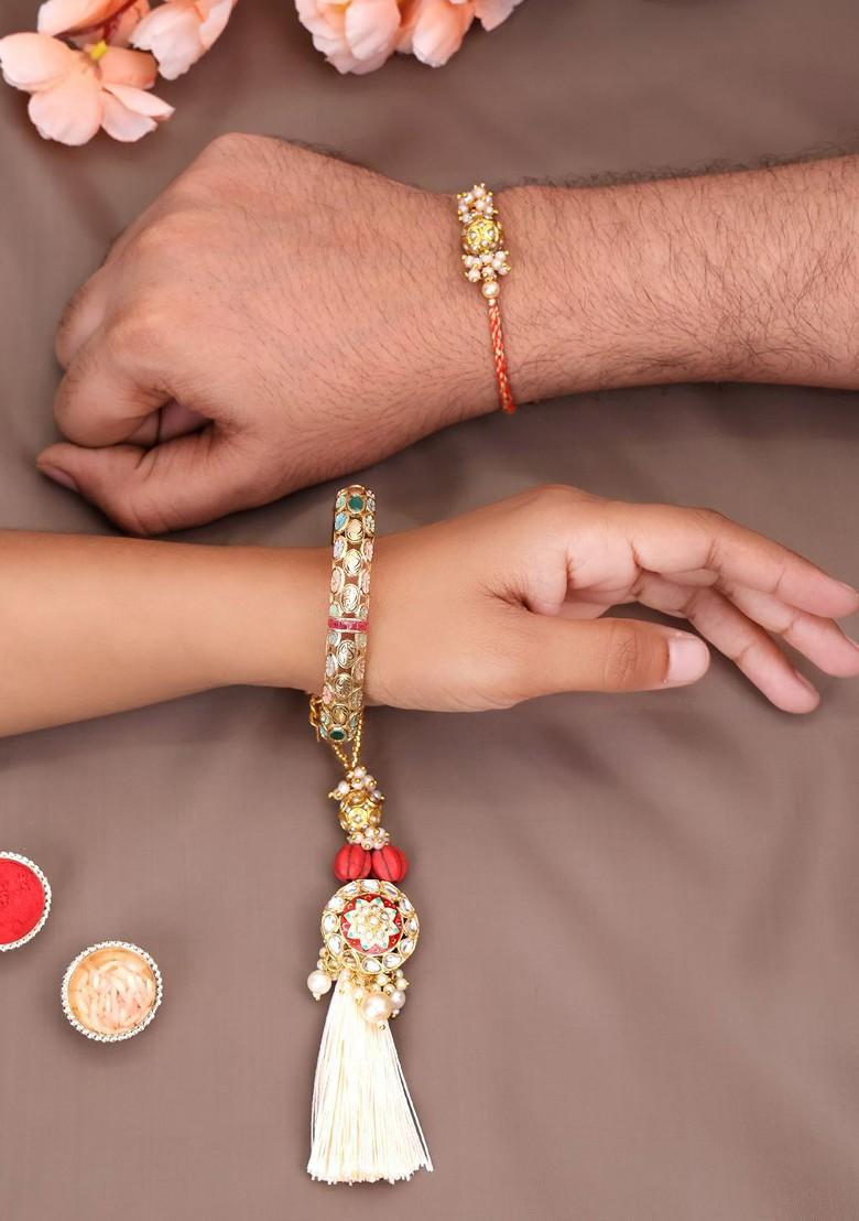 Beaded Gold Plated Bhaiya Bhabhi Rakhis With Roli Chawal - Indya