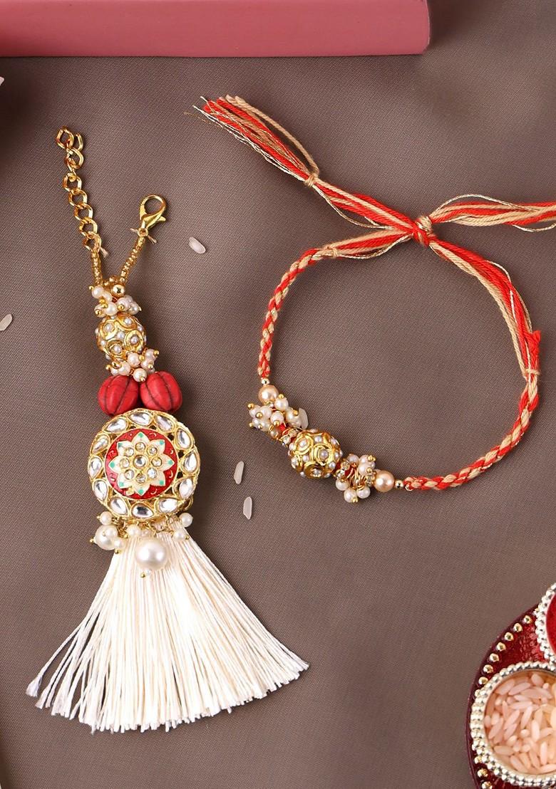 Beaded Gold Plated Bhaiya Bhabhi Rakhis With Roli Chawal - Indya