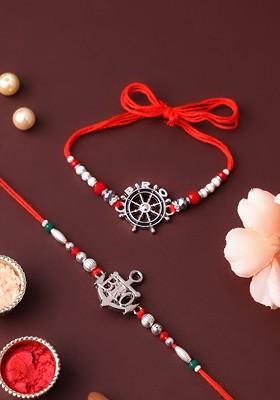 Set Of 2 Beaded Gold Plated Thread Rakhis With Roli Chawal