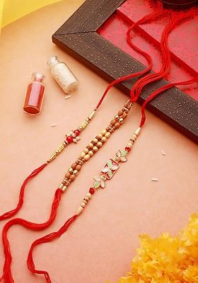 Maroon Set Of 3 Pearl Beaded Rakhi With Roli Chawal
