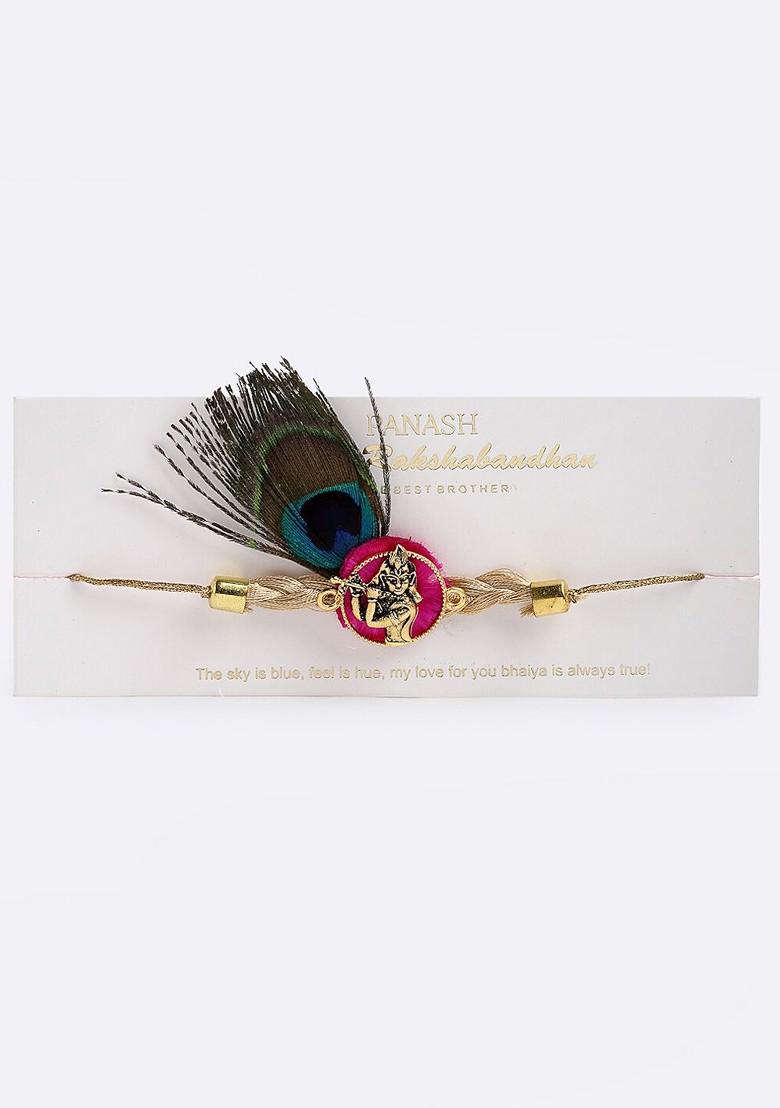 Men Gold Toned Shri Krishna Designer Rakhi With Roli Chawal