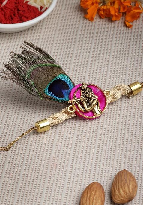 Men Gold Toned Shri Krishna Designer Rakhi With Roli Chawal