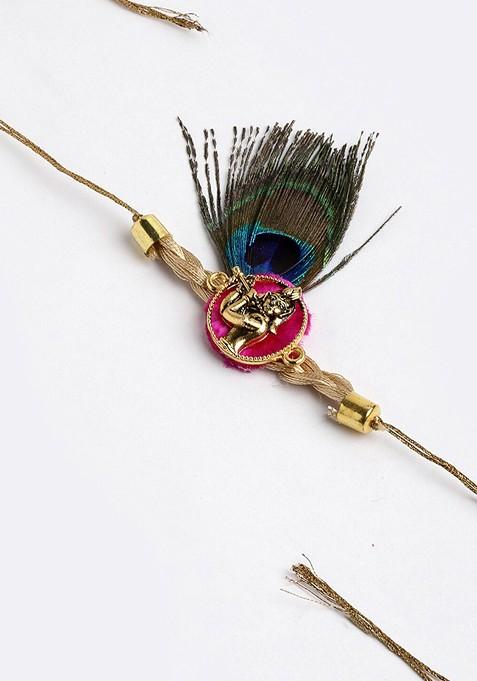 Men Gold Toned Shri Krishna Designer Rakhi With Roli Chawal