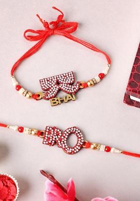 Set Of 2 Beaded Gold Plated Thread Rakhis With Roli Chawal