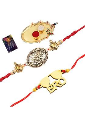 Set Of 2 Red And Gold Toned Stone Studded Rakhi Gift Set