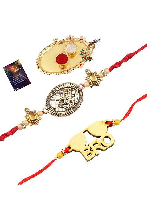 Set Of 2 Red And Gold Toned Stone Studded Rakhi Gift Set