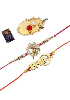 Red And Gold Toned 2 Rakhi With Pooja Thali Roli Chawal And Greeting Card