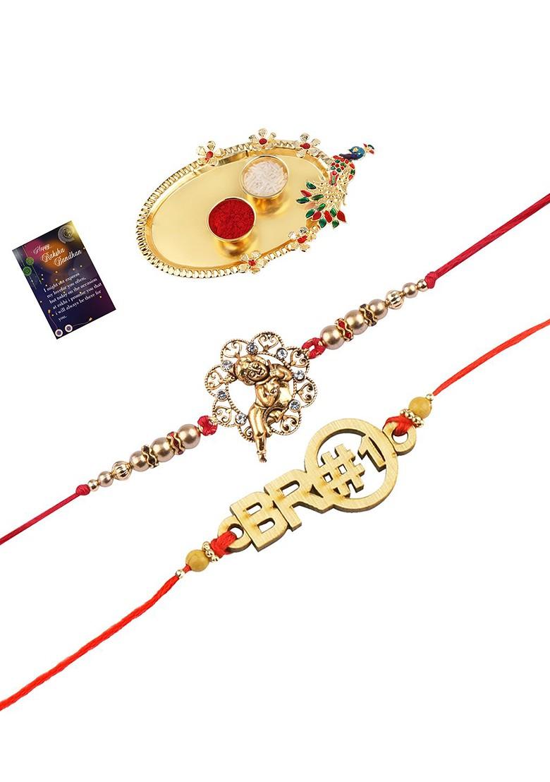 Red And Gold Toned 2 Rakhi With Pooja Thali Roli Chawal And Greeting Card