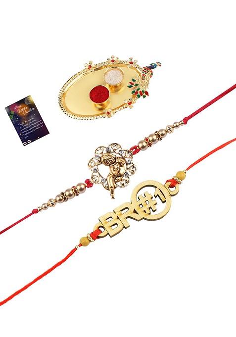 Red And Gold Toned 2 Rakhi With Pooja Thali Roli Chawal And Greeting Card