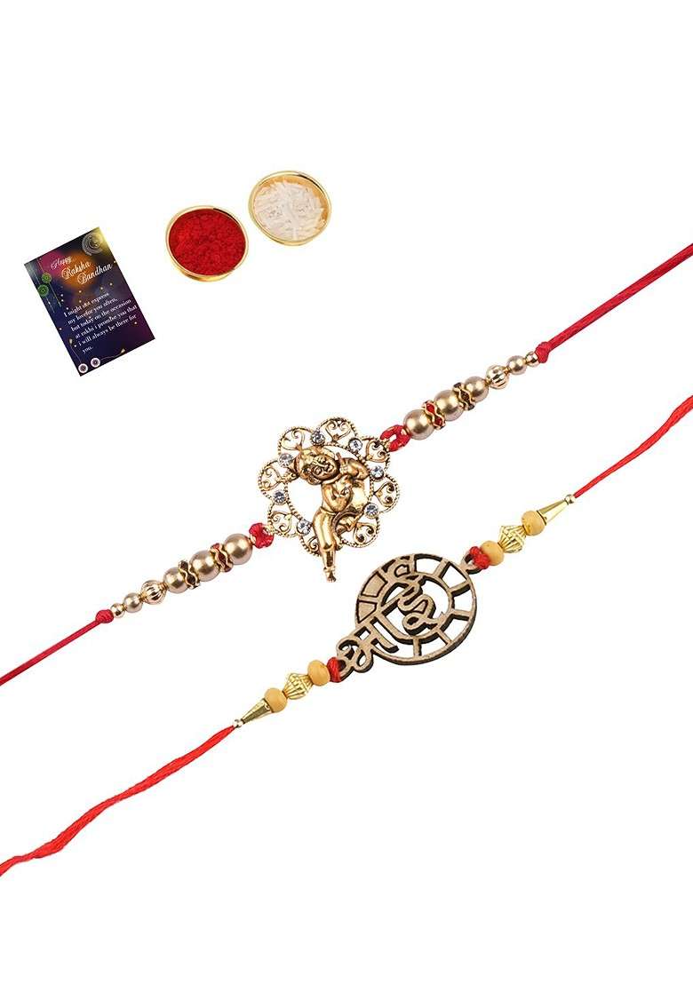 Set Of 2 Red And Gold Toned Stone Studded Rakhi Gift Set - Indya