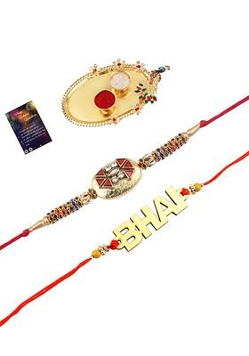 Set Of 2 Red And Gold Toned Stone Studded Rakhi Gift Set