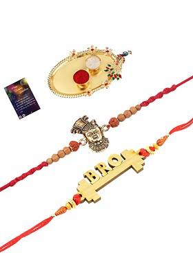 Gold Toned And Red 2 Rakhi With Pooja Thali Roli Chawal And Greeting Card