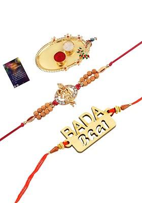 Set Of 2 Red And Gold Toned Stone Studded Rakhi Gift Set