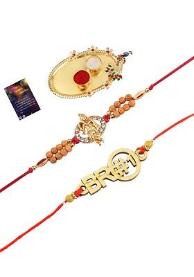 Gold Toned 2 Rakhi With Pooja Thali Roli Chawal And Greeting Card