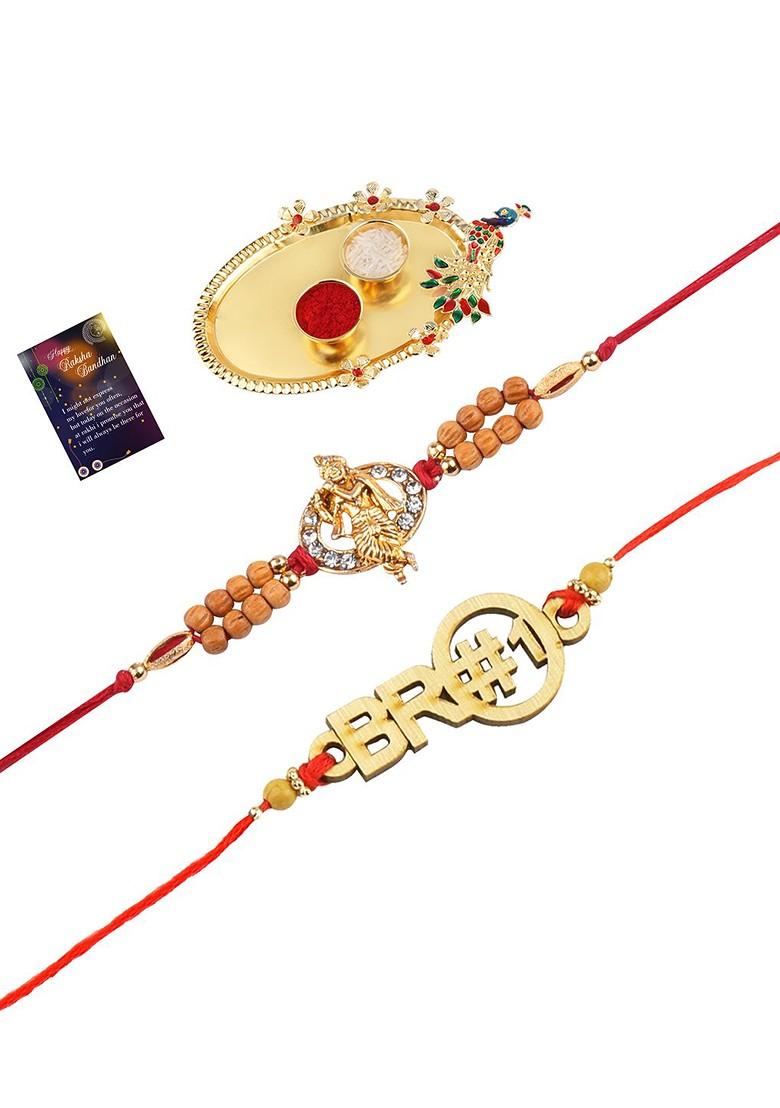 Gold Toned 2 Rakhi With Pooja Thali Roli Chawal And Greeting Card